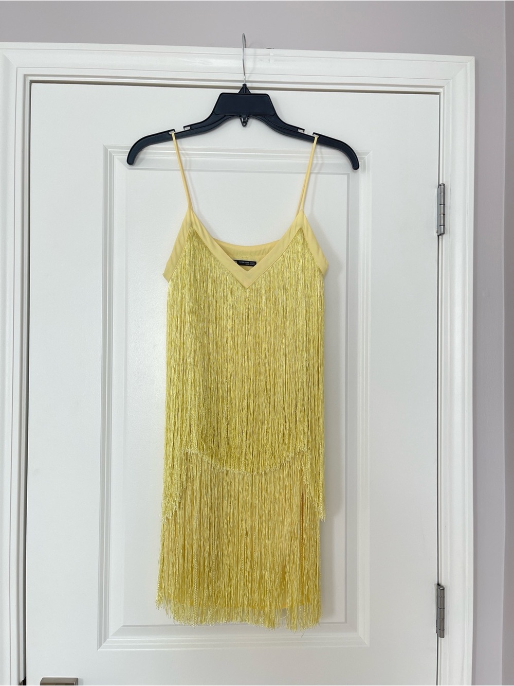 Zara Yellow Gold Tiered Fringe Mini Dress V-neck Spaghetti Strap Party Dress - S
